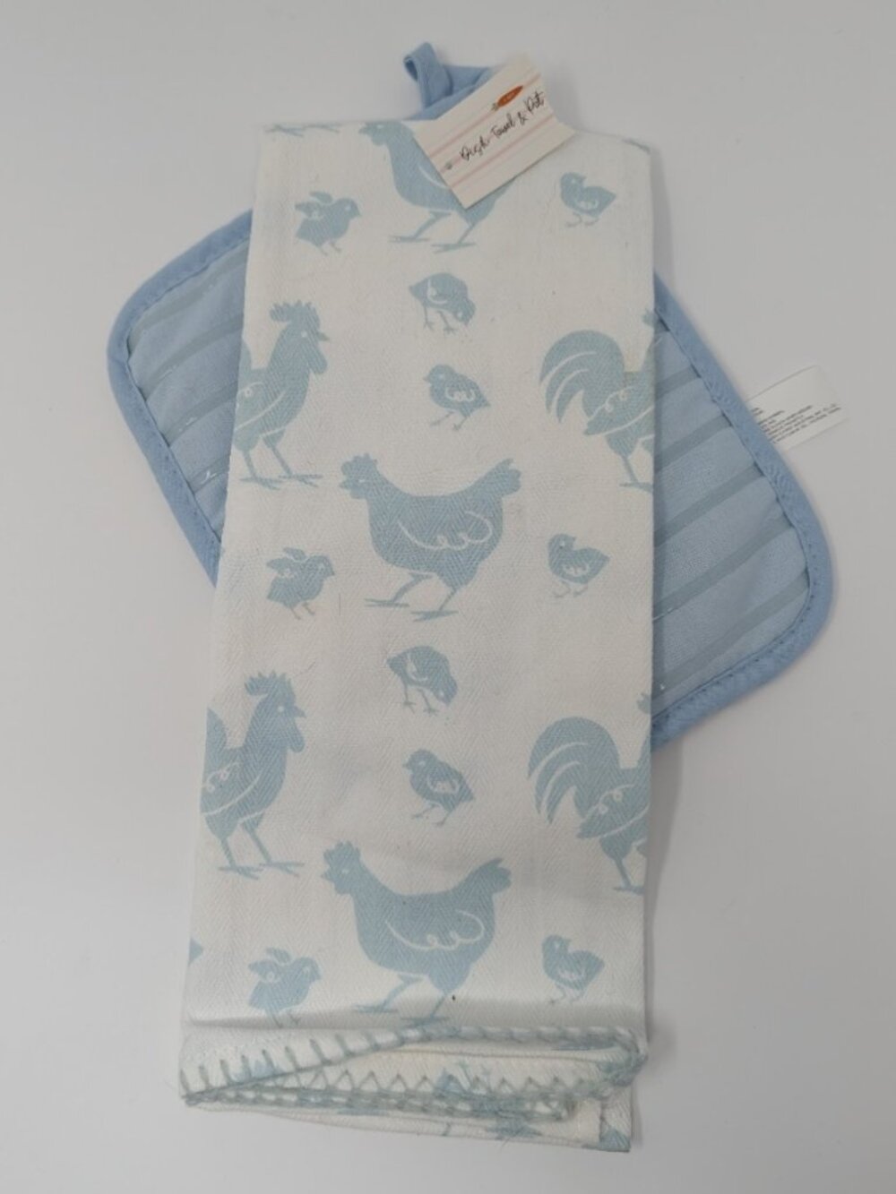 Farmhouse Rooster Kitchen Set - 2pc Dish Towel & Pot Holder - Blue/White - NEW